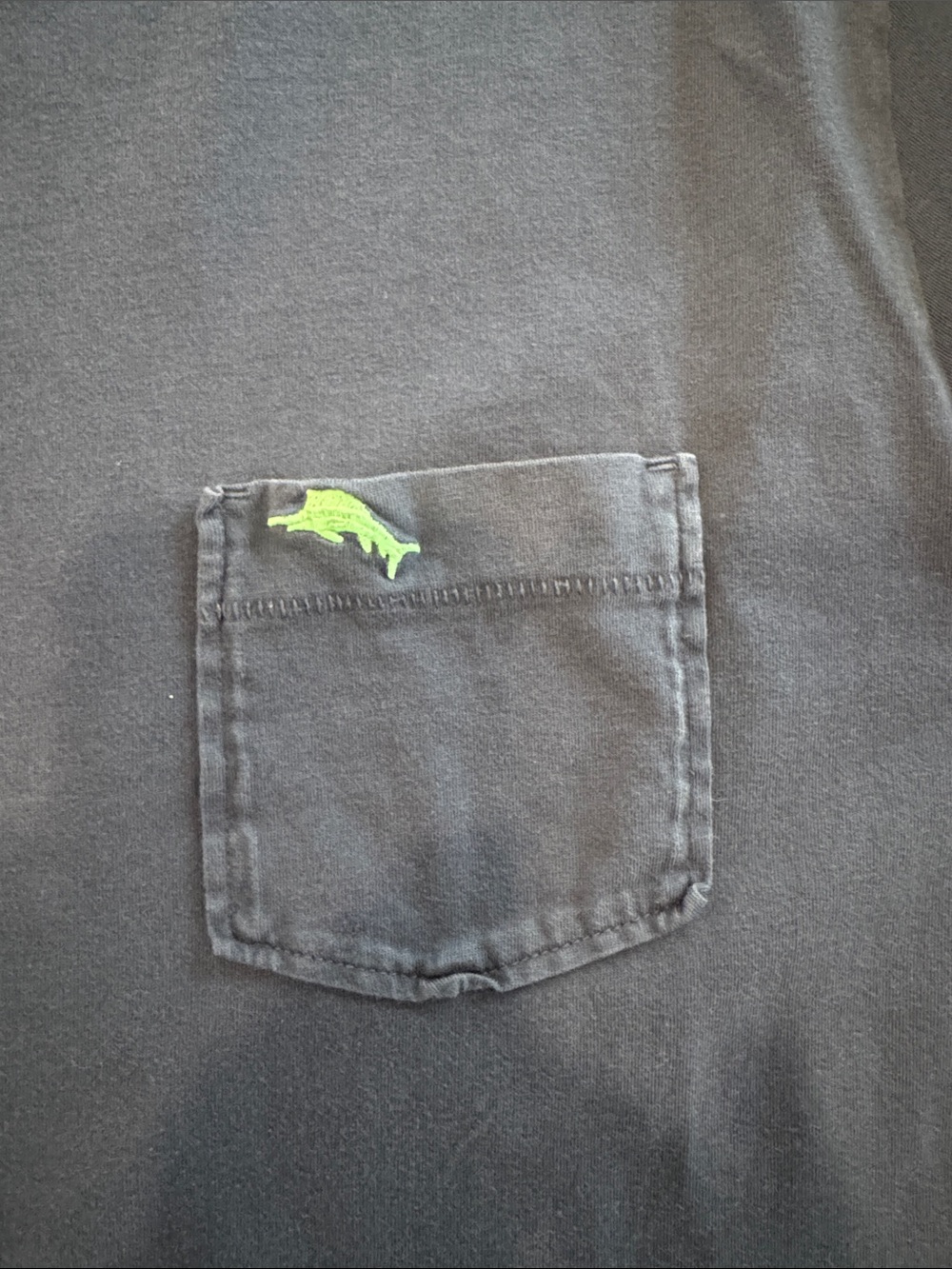 Tommy Bahama Navy Short Sleeve Pocket Tee with Lime Green Dolphin - Picture 4 of 5